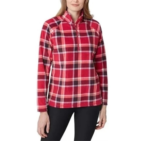Eddie Bauer Fleece Quarter Zip Pullover Long Sleeve, Red/Pink Plaid, X-Small NWT - Picture 1 of 11